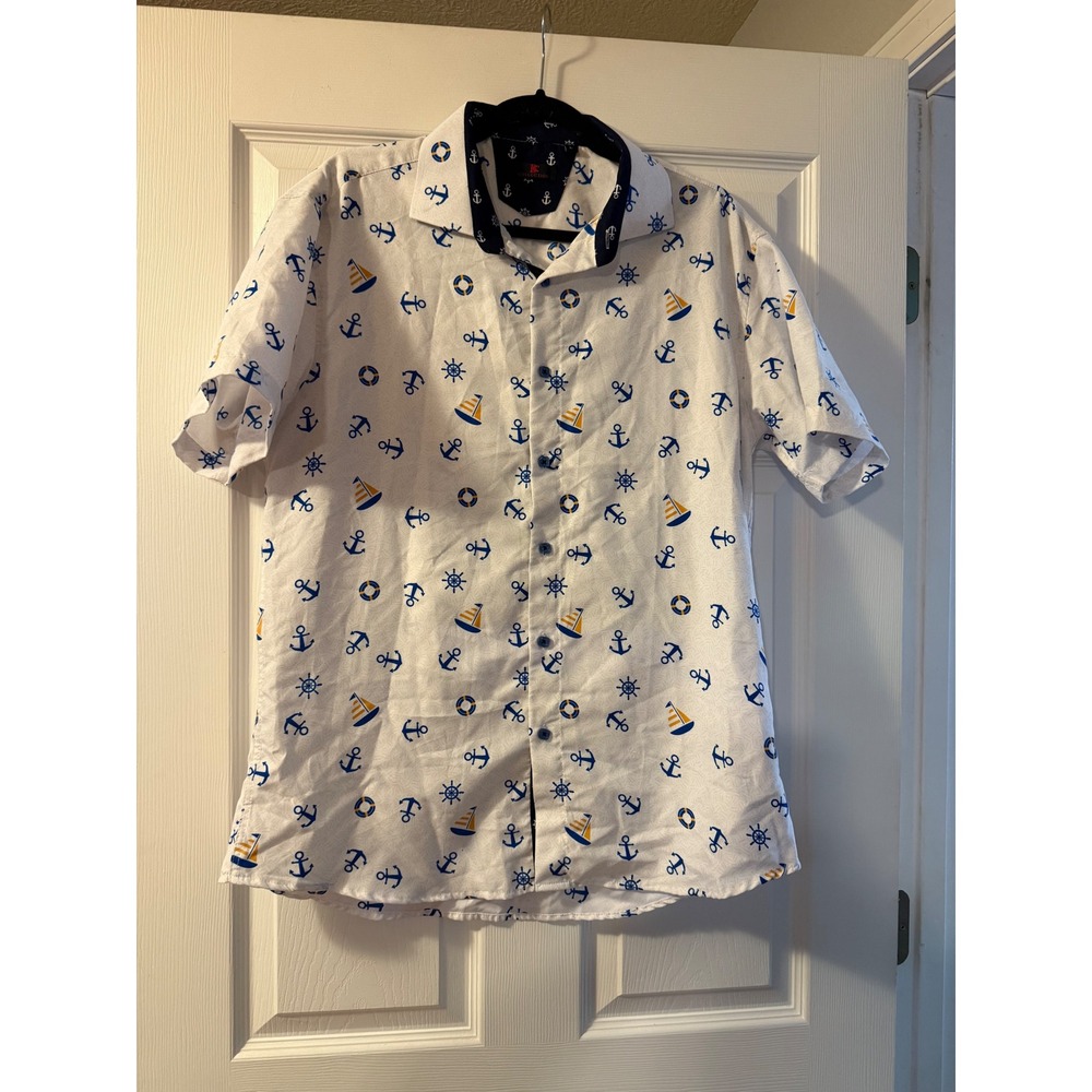 IC Collection Mens White Nautical Anchor Sailboat Short Sleeve Button Down L